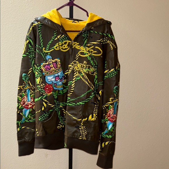 Rare Ed Hardy by Christian Audigier Vtg Embroidered Hooded Leather Jacket 2XL